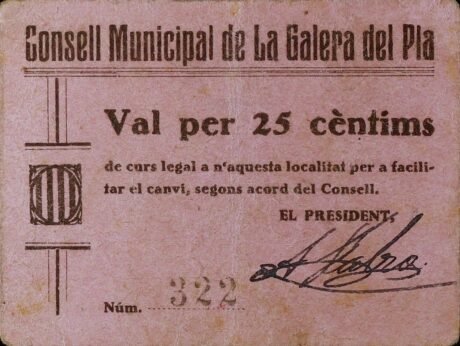 Аверс банкноты 25 centymów La Galera del Pla (Hiszpania) 1937