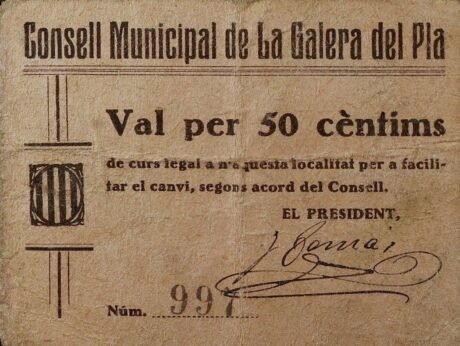 Аверс банкноты 50 centymów La Galera del Pla (Hiszpania) 1937