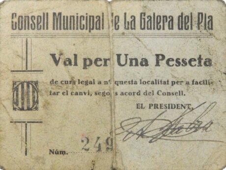 Аверс банкноты 1 peseta La Galera del Pla (Hiszpania) 1937
