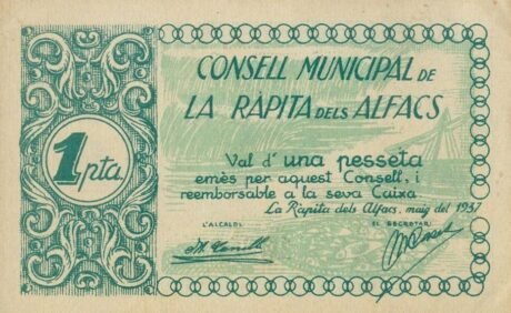 Аверс банкноты 1 peseta La Rápita del Alfacs (Hiszpania) 1937