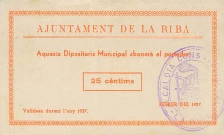 Аверс банкноты 25 сантимов Ла Риба (Испания) 1937 года