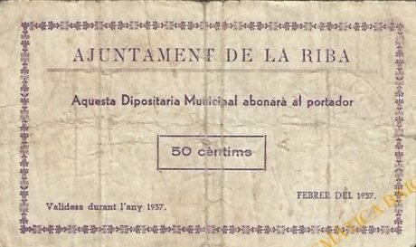 Аверс банкноты 50 сантимов Ла Риба (Испания) 1937 года