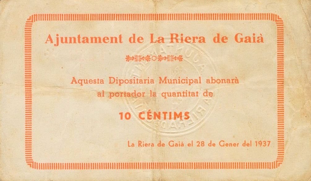Аверс банкноты 10 сантимов Ла Риера де Гайя (Испания) 1937 года