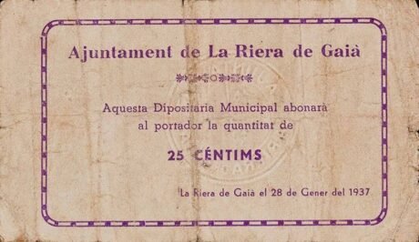 Awers banknotu 25 centymów La Riera de Gaia (Hiszpania) 1937