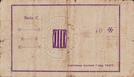 Rewers banknotu 25 centymów La Riera de Gaia (Hiszpania) 1937