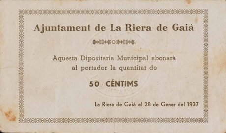 Аверс банкноты 50 сантимов Ла Риера де Гайя (Испания) 1937 года