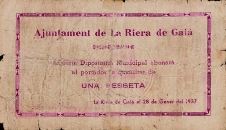 Аверс банкноты 1 peseta La Riera de Gaia (Hiszpania) 1937