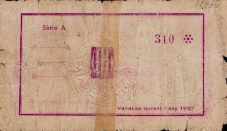 Реверс банкноты 1 peseta La Riera de Gaia (Hiszpania) 1937