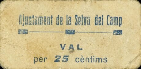 Аверс банкноты 25 centymów La Selva del Camp (Hiszpania) 1937