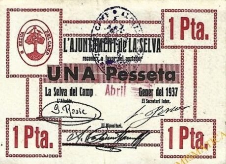 Awers banknotu 1 peseta La Selva del Camp (Hiszpania) 1937