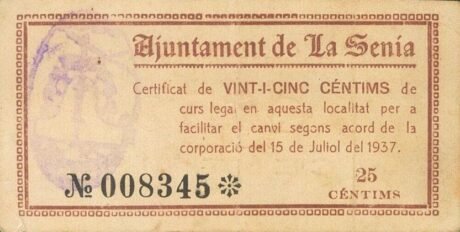 Аверс банкноты 25 centymów La Senia (Hiszpania) 1937