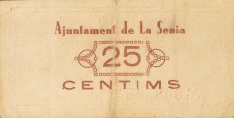 Реверс банкноты 25 centymów La Senia (Hiszpania) 1937
