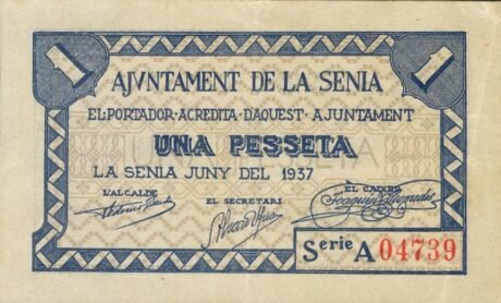 Аверс банкноты 1 песета ла сения (Испания) 1937 года