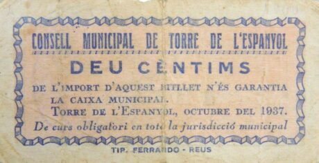 Аверс банкноты 10 сентимо Торре де л'Эспаньол (Испания) 1937 года