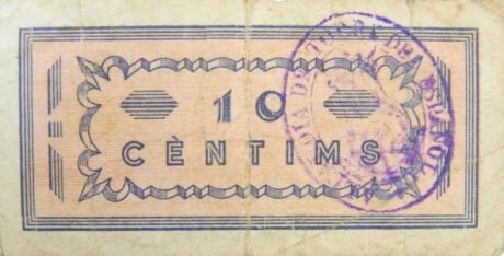 Реверс банкноты 10 сентимо Торре де л'Эспаньол (Испания) 1937 года