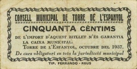 Аверс банкноты 50 сентимо Торре де л'Эспаньол (Испания) 1937 года