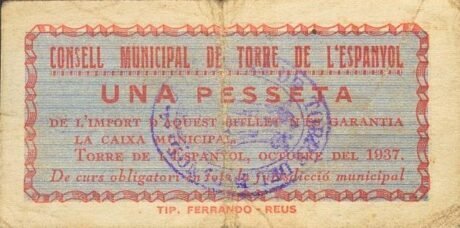 Аверс банкноты 1 песета Торре де л'Эспаньол (Испания) 1937 года