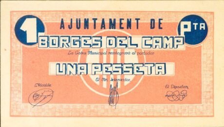 Аверс банкноты 1 peseta Borges del Camp (Hiszpania) 1937