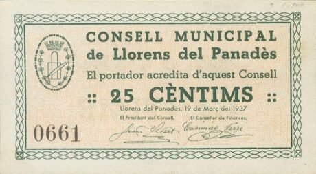 Аверс банкноты 25 centymów Llorens del Penedès (Hiszpania) 1937