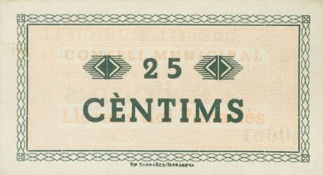 Реверс банкноты 25 centymów Llorens del Penedès (Hiszpania) 1937