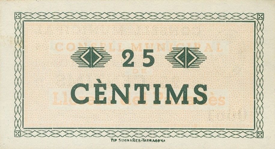 Реверс банкноты 25 сантимов Льоренс дель Пенедес (Испания) 1937 года