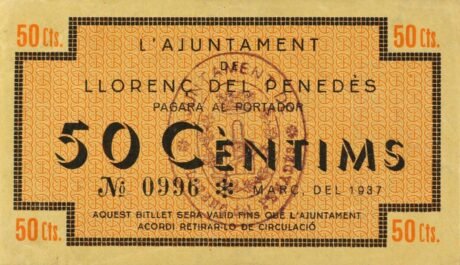 Аверс банкноты 50 centymów Llorens del Penedès (Hiszpania) 1937