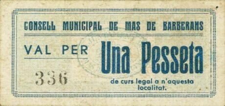Awers banknotu 1 peseta Mas de Barberans (Hiszpania) 1937
