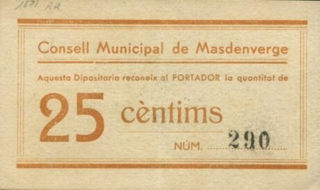 Аверс банкноты 25 сантимов Масденверге (Испания)