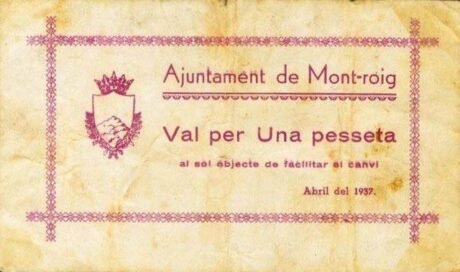 Аверс банкноты 1 peseta Mont Roig (Spain) 1937