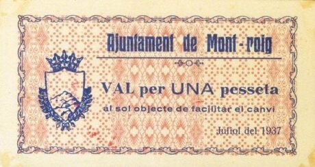 Аверс банкноты 1 peseta Mont Roig (Spain) 1937