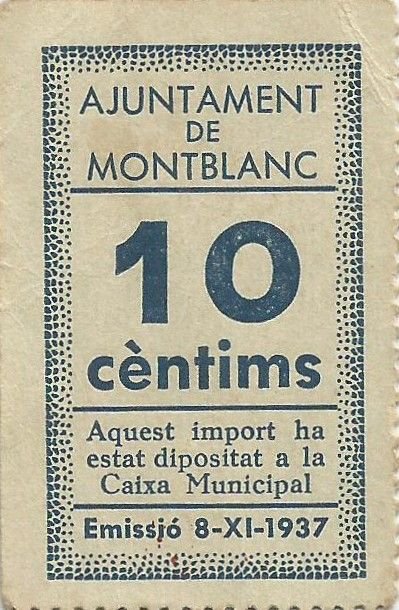 Аверс банкноты 10 Сантимо Монблан (Испания) 1937 года