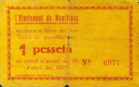 Аверс банкноты 1 песета Монблан (Испания) 1937 года