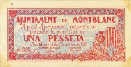Аверс банкноты 1 peseta Mont Blanc (Hiszpania) 1937