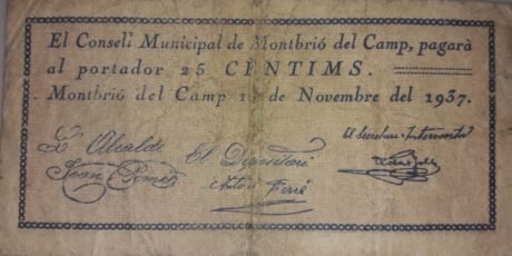 Аверс банкноты 25 centymów Montbrio del Camp (Hiszpania) 1937