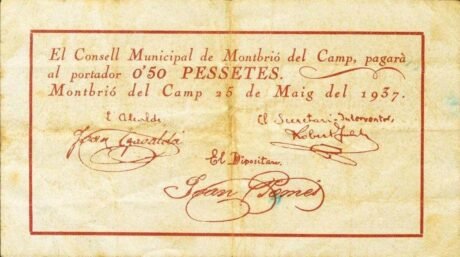 Аверс банкноты 0,50 pesety Montbrió del Camp (Hiszpania) 1937