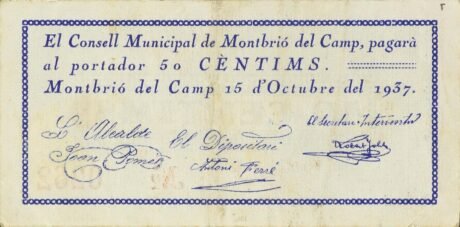 Аверс банкноты 50 centymów Montbrio del Camp (Hiszpania) 1937