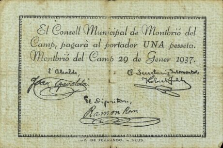 Аверс банкноты 1 peseta Montbrió del Camp (Hiszpania) 1937