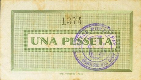 Реверс банкноты 1 peseta Montbrió del Camp (Hiszpania) 1937