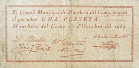 Аверс банкноты 1 peseta Montbrió del Camp (Hiszpania) 1937