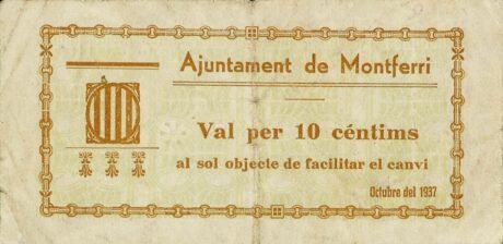Аверс банкноты 10 centymów Montferri (Hiszpania) 1937