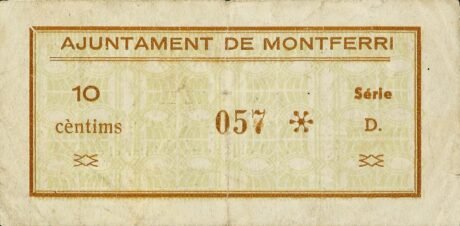 Реверс банкноты 10 centymów Montferri (Hiszpania) 1937