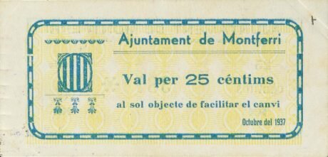 Аверс банкноты 25 centymów Montferri (Hiszpania) 1937
