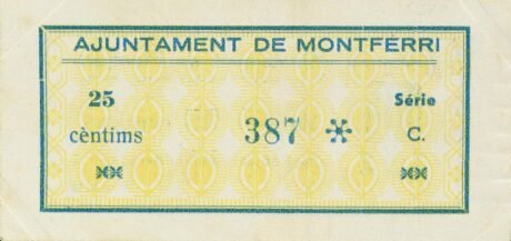 Реверс банкноты 25 centymów Montferri (Hiszpania) 1937