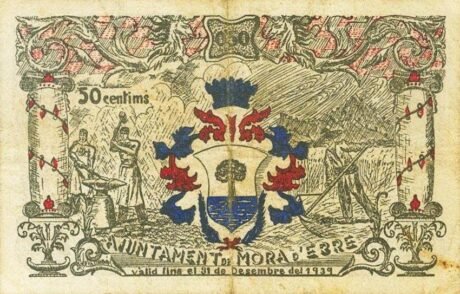 Реверс банкноты 50 centymów Mora d'Ebre (Hiszpania) 1937