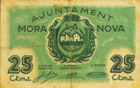 Awers banknotu 25 centymów Mora la Nova (Hiszpania) 1937