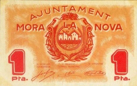 Аверс банкноты 1 peseta Mora la Nova (Hiszpania) 1937