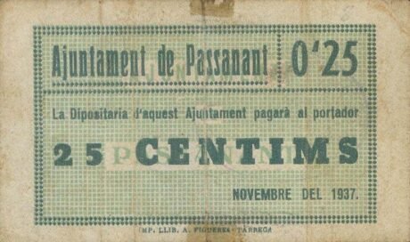 Аверс банкноты 25 centymów Passanante (Hiszpania) 1937