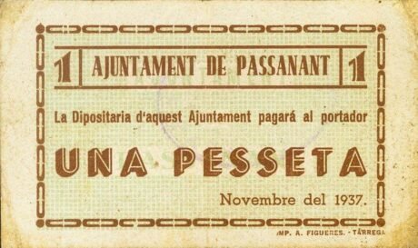 Аверс банкноты 1 песета Пассанант (Испания) 1937 года