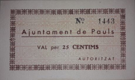 Аверс банкноты 25 centymów Paulsa (Hiszpania) 1937