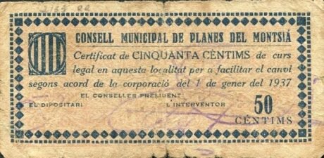 Awers banknotu 50 Centimos Planes del Montsià (Hiszpania) 1937
